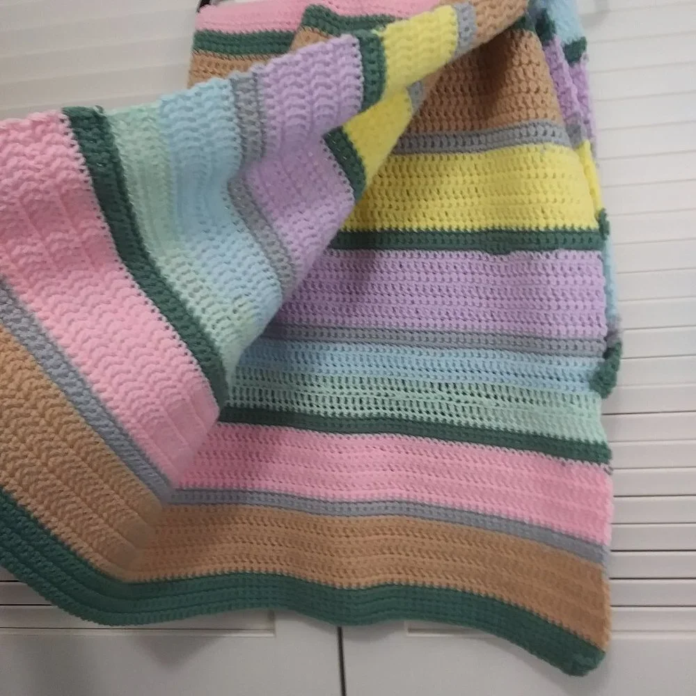 Colorful‎ Handcrafted Crochet Pastel Stripe Afghan